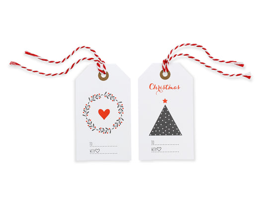 24 Red Elegant Christmas Gift Tags with Red Bakers Twine Pre-Strung