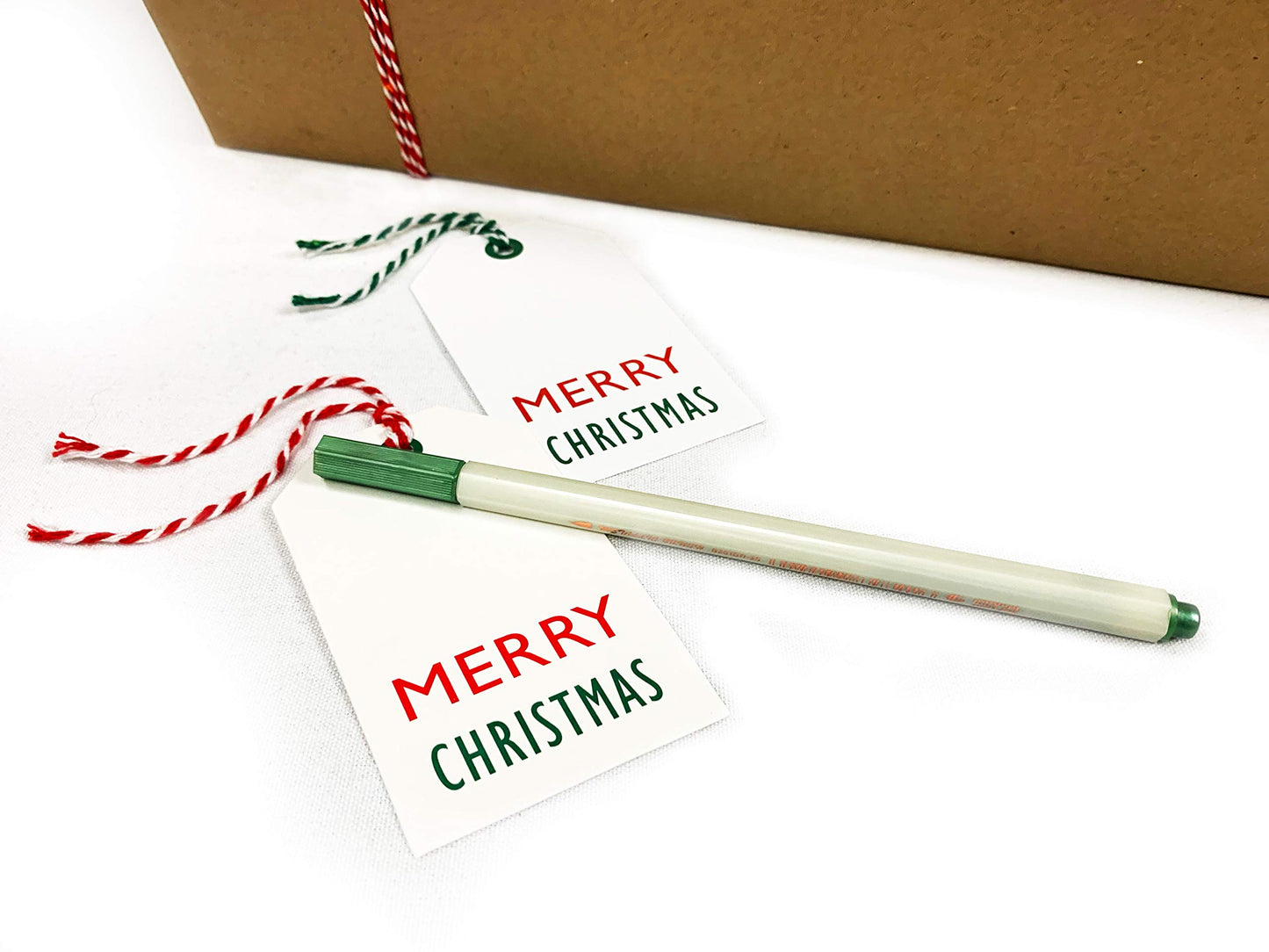 Green and Red Christmas Gift Tags for Addressing Presents on White Kraft Yardstick - 50 Tags, Pre-Strung