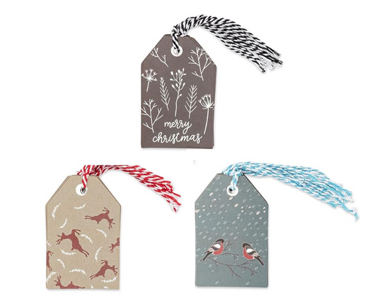 24 Christmas Gift Tag Set With Metallic Foil Accents - Snowbirds, Prancing Deer, Zen Mums