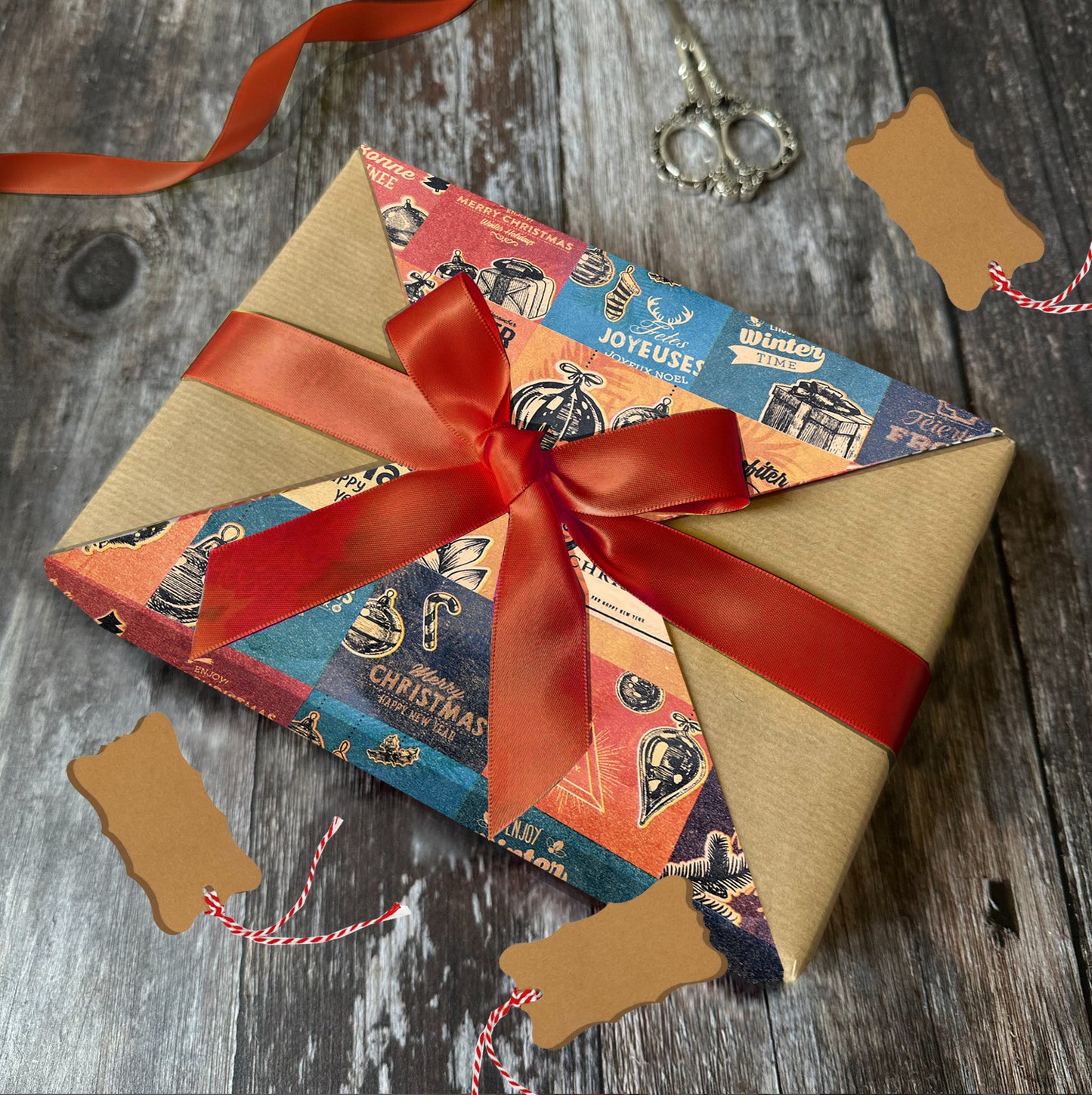 Vintage Wrapping Paper with Matching Pre-Strung Tags and Tape