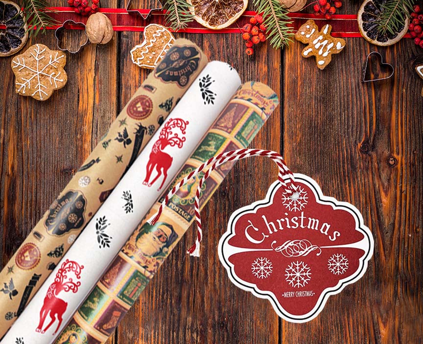 USA-Made Vintage Christmas Wrapping Paper (3 Rolls) with "Antique" Tags
