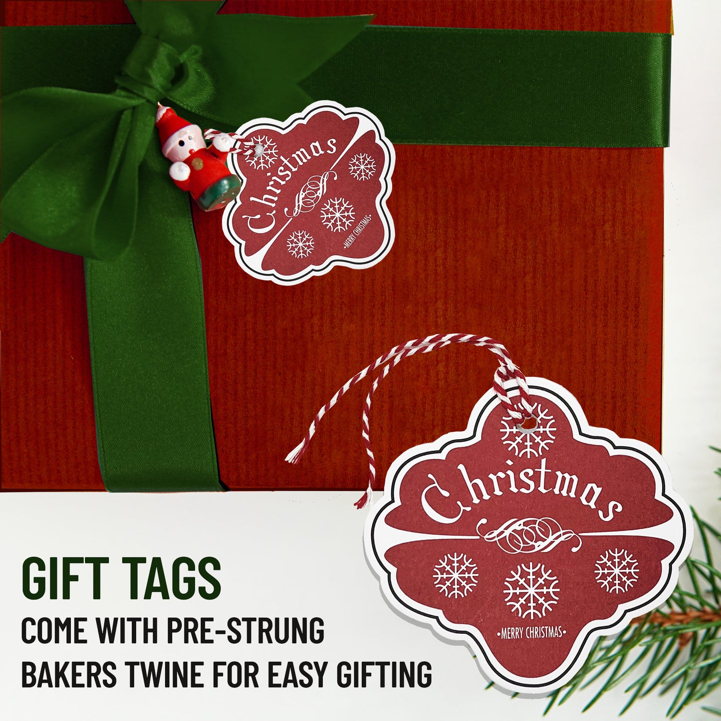 15 Vintage Red Kraft Gift Tags, Pre-Strung with Christmas Twine