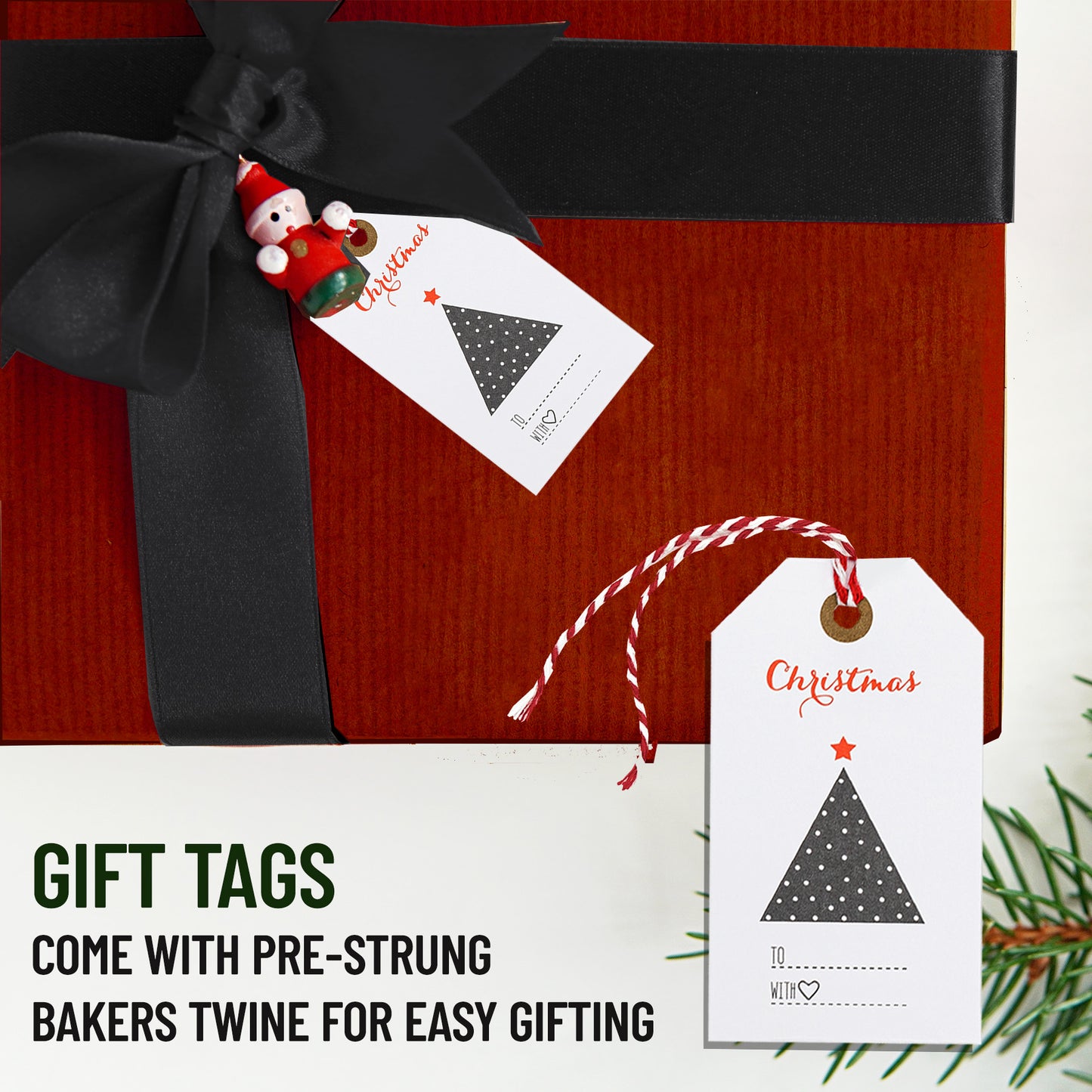 24 Red Elegant Christmas Gift Tags with Red Bakers Twine Pre-Strung
