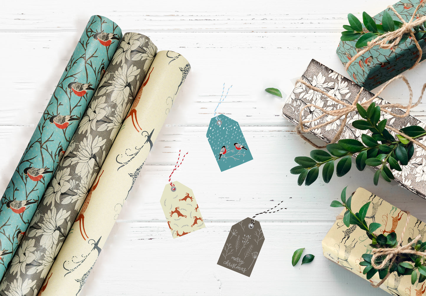 24 Christmas Gift Tag Set With Metallic Foil Accents - Snowbirds, Prancing Deer, Zen Mums