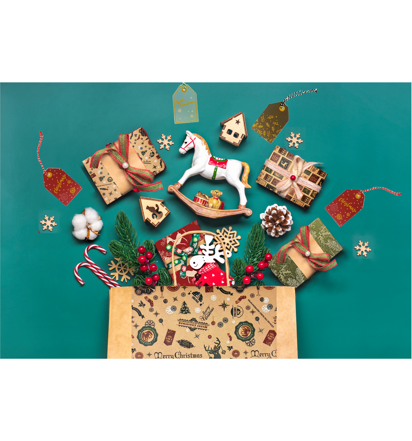 Christmas Wrapping Paper "Emblems" on Brown Kraft Paper 1 roll 30 Inches by 10 feet
