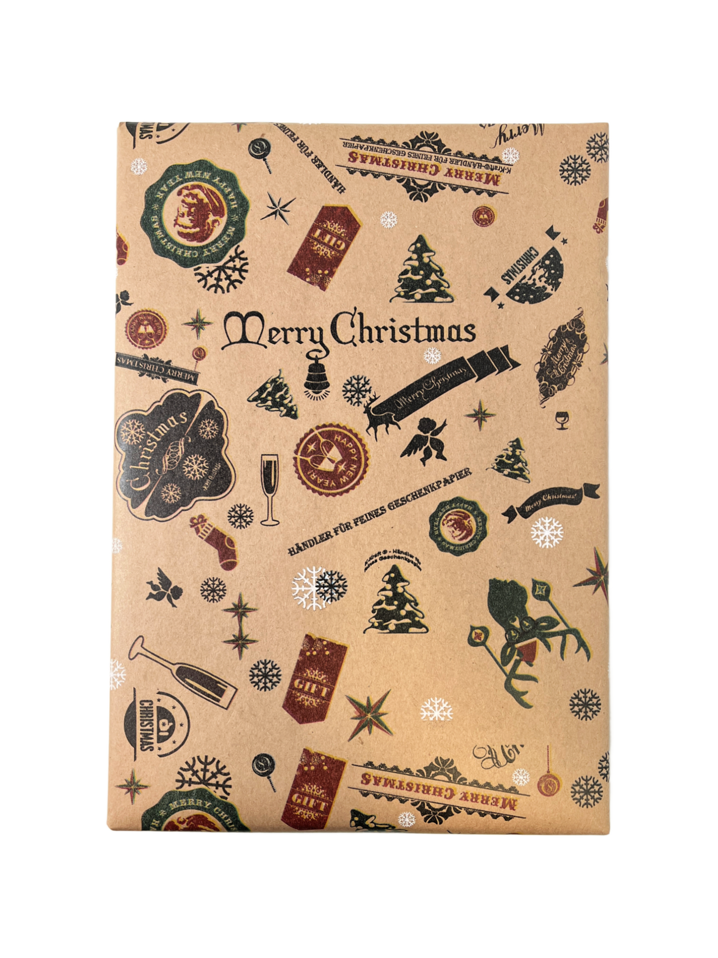 Christmas Wrapping Paper "Emblems" on Brown Kraft Paper 1 roll 30 Inches by 10 feet