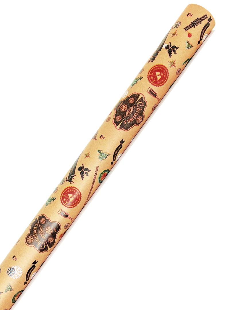 Christmas Wrapping Paper "Emblems" on Brown Kraft Paper 1 roll 30 Inches by 10 feet