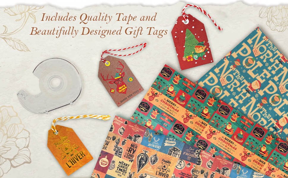Vintage Wrapping Paper with Matching Pre-Strung Tags and Tape
