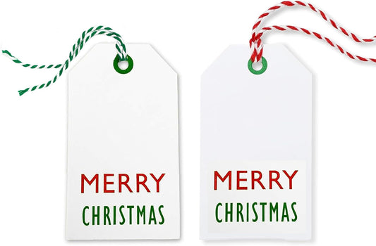 Green and Red Christmas Gift Tags for Addressing Presents on White Kraft Yardstick - 50 Tags, Pre-Strung