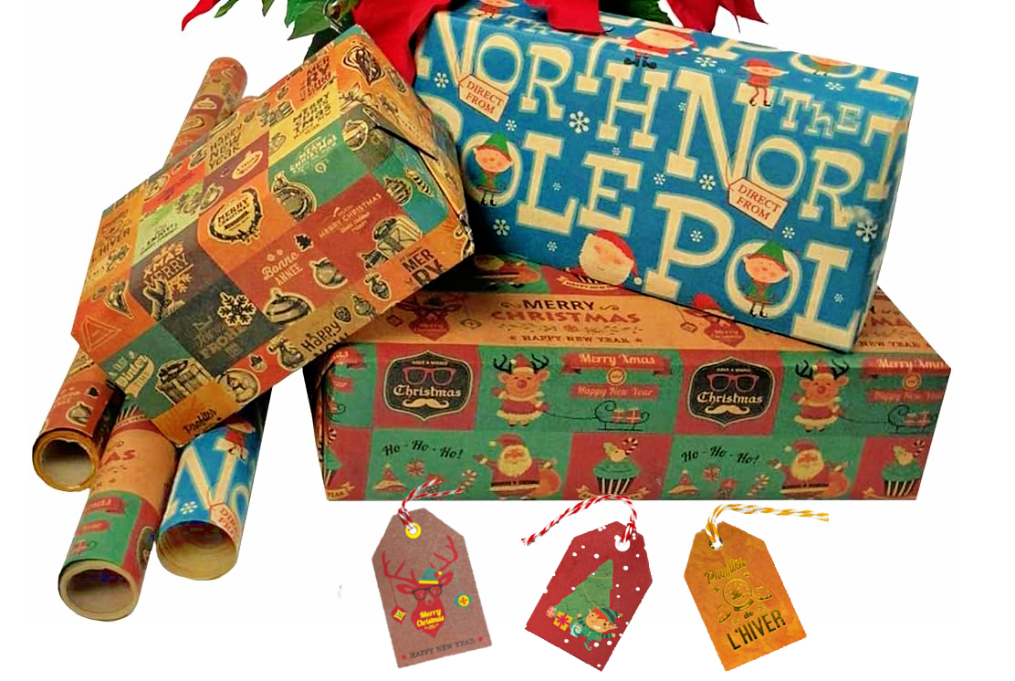 Vintage Wrapping Paper with Matching Pre-Strung Tags and Tape