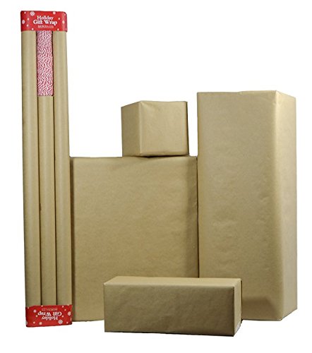 K-Kraft Kraft Wrapping Paper 3 Rolls + Red Bakers Twine – Classic Brown Holiday Gift Wrap – 102.5 sq ft - Christmas – Parcel Wrap