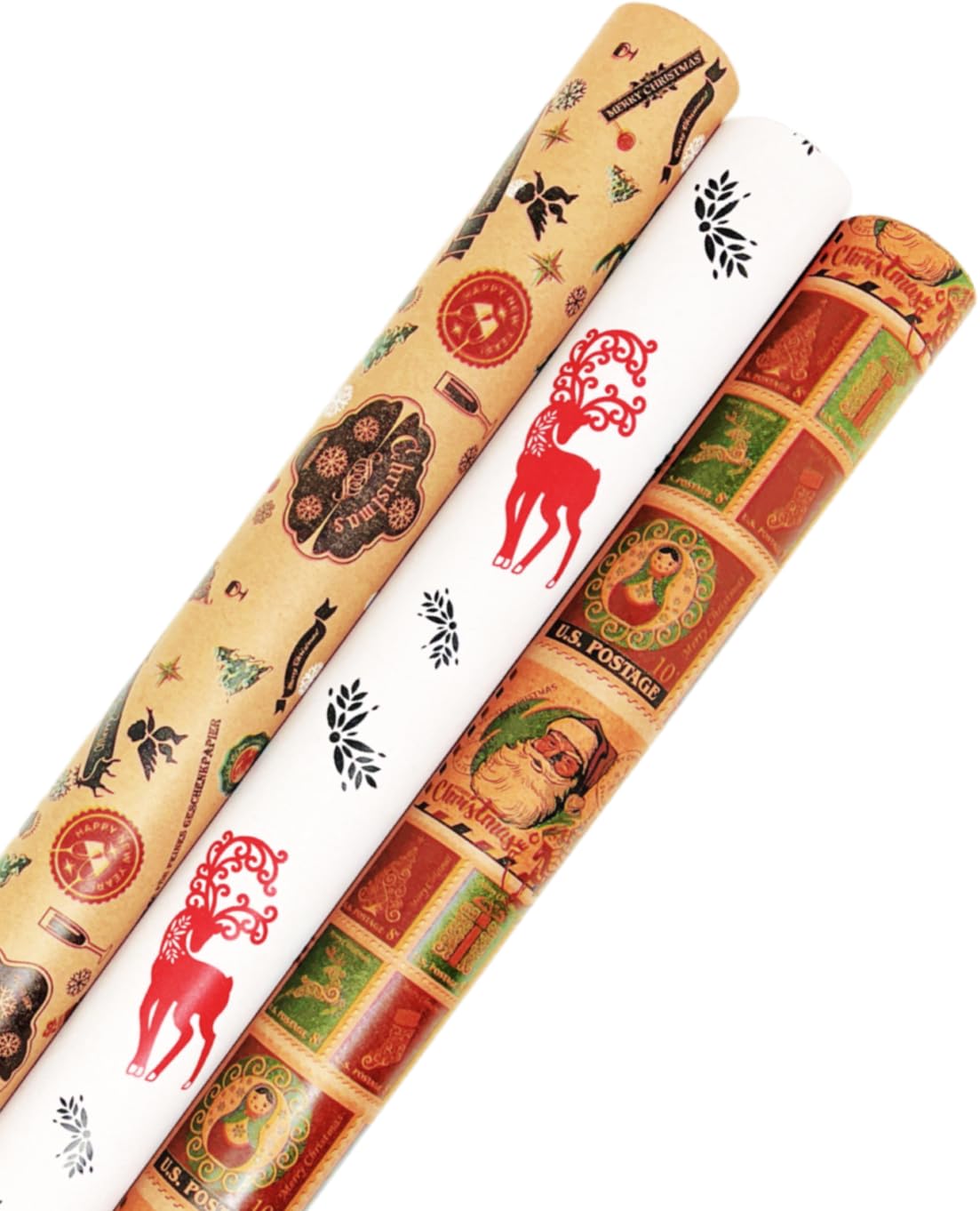 USA-Made Vintage Christmas Wrapping Paper (3 Rolls) with "Antique" Tags