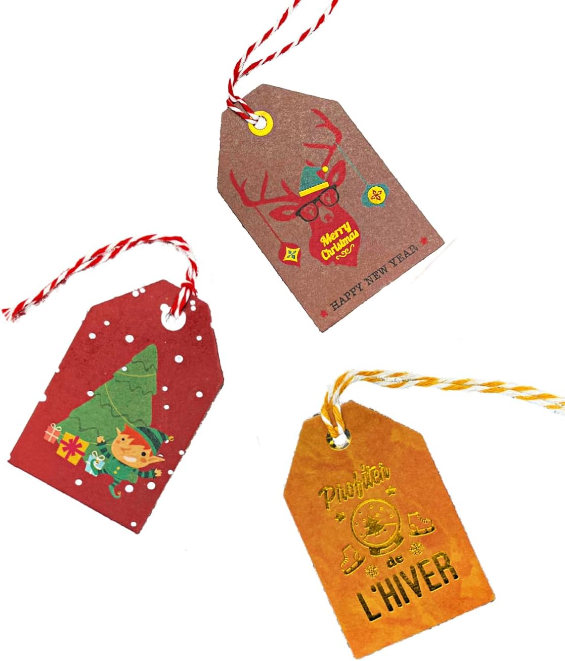 24 Vintage Christmas Gift Tags Set with Metallic Foil Accents, Pre-Strung with Christmas Bakers Twine