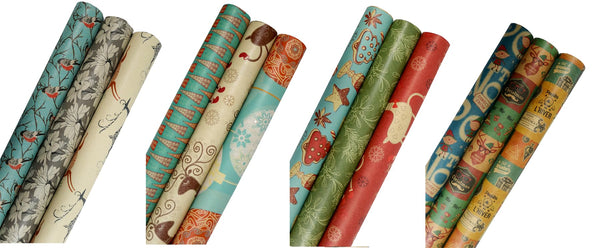 K-Kraft Elegant Christmas Wrapping Paper (Snow Birds-Deer-Ice Flowers/Printed Brown Kraft) 30" x15 Feet, 112.5 Square Feet Total with Tape and Tags