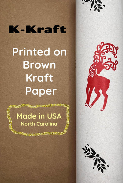 K-Kraft USA-MADE Vintage Christmas Printed on Retro Brown Kraft Wrapping Paper, Perfect for Holiday Gifts and Parcels (3 Rolls- Festive Reindeer, Retro Xmas Emblems, Vintage Stamps)