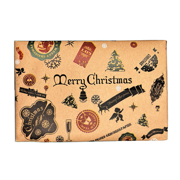 K-Kraft USA-MADE Vintage Christmas Printed on Retro Brown Kraft Wrapping Paper, Perfect for Holiday Gifts and Parcels (3 Rolls- Festive Reindeer, Retro Xmas Emblems, Vintage Stamps)