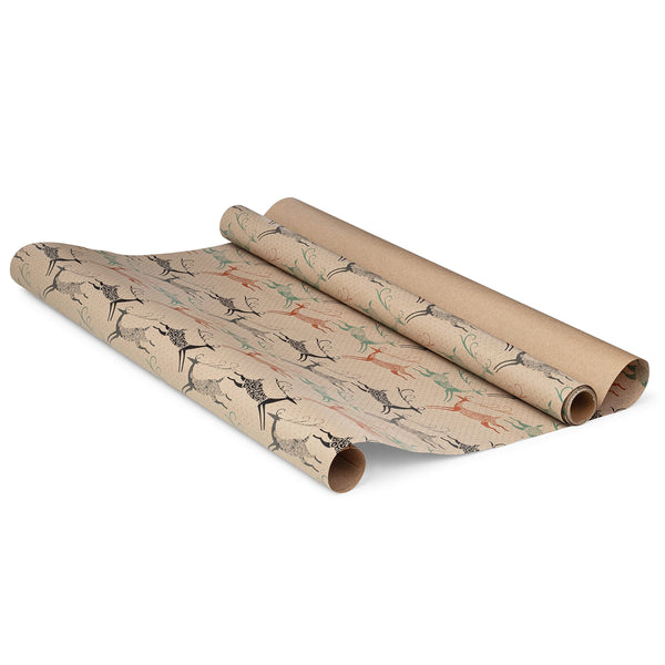 K-Kraft Elegant Christmas Wrapping Paper (Snow Birds-Deer-Ice Flowers/Printed Brown Kraft) 30" x15 Feet, 112.5 Square Feet Total with Tape and Tags