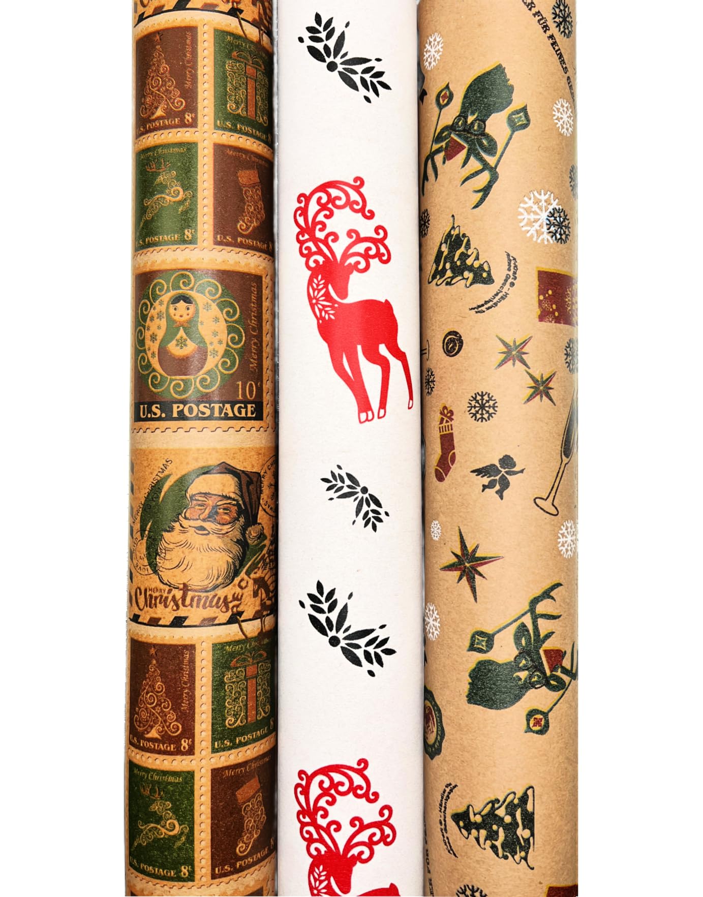 USA-Made Vintage Christmas Wrapping Paper (3 Rolls) with "Antique" Tags