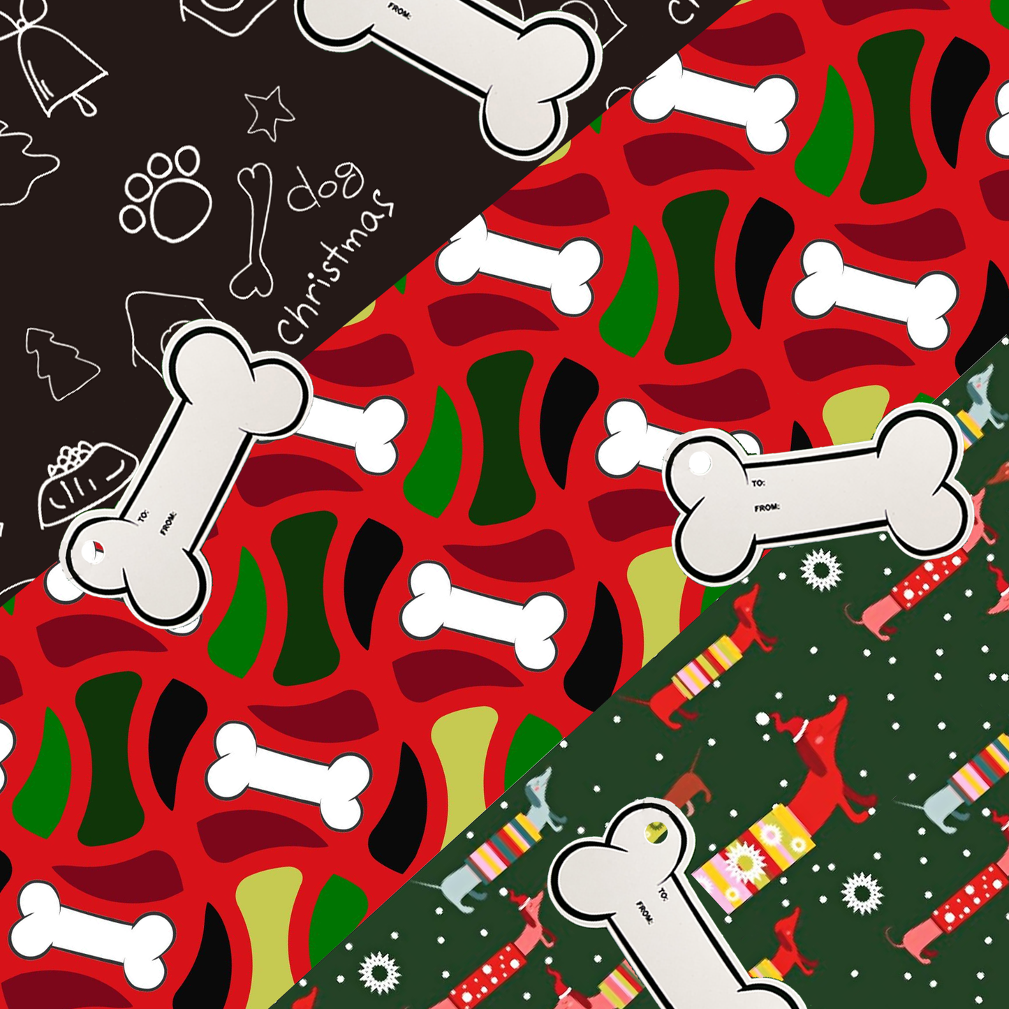 Wrapping Paper Set for Christmas Dog: twelve folded 20 x 30 inch sheets with 15 Bone Tags