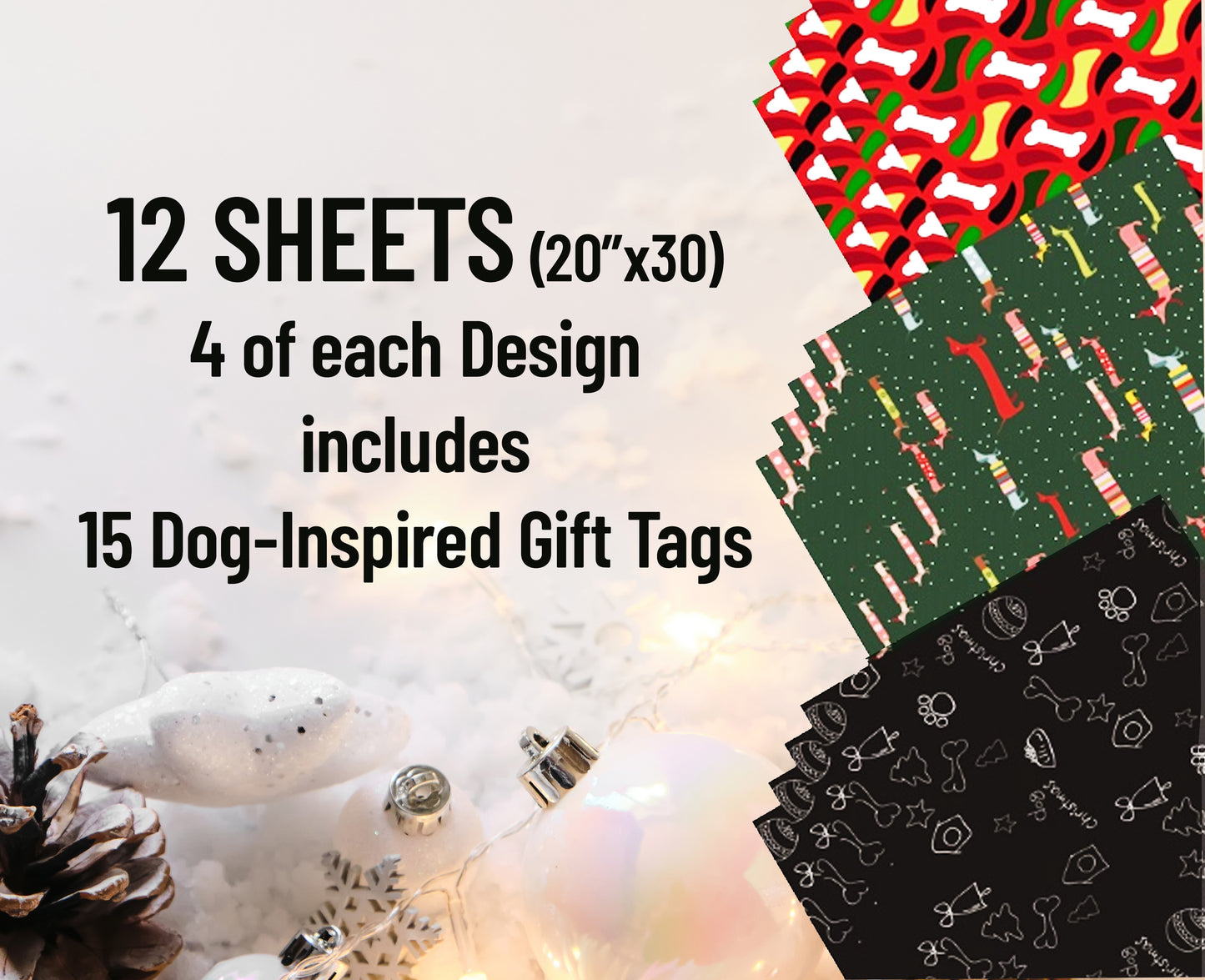 Wrapping Paper Set for Christmas Dog: twelve folded 20 x 30 inch sheets with 15 Bone Tags