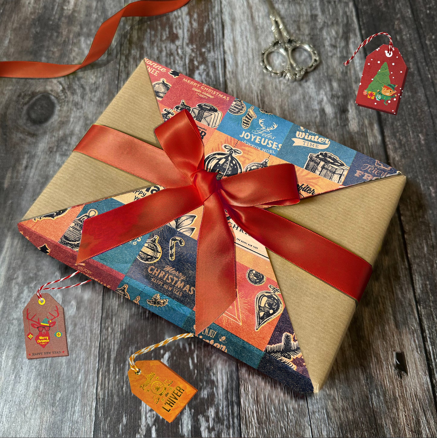 Vintage Wrapping Paper with Matching Pre-Strung Tags and Tape