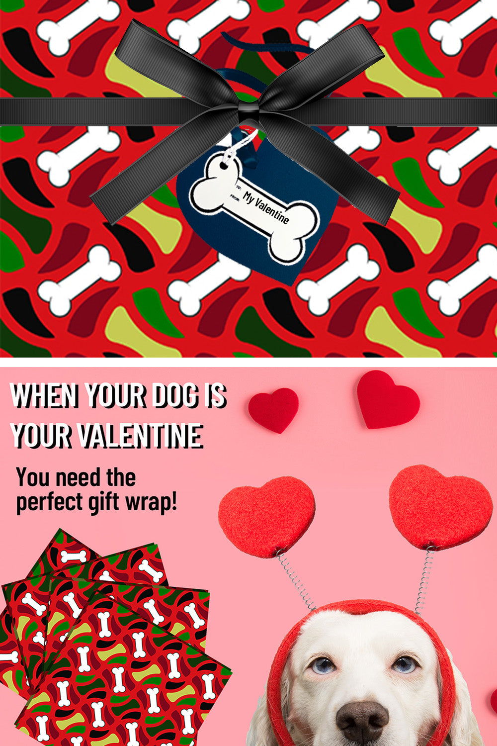 Wrapping Paper Set for Christmas Dog: twelve folded 20 x 30 inch sheets with 15 Bone Tags