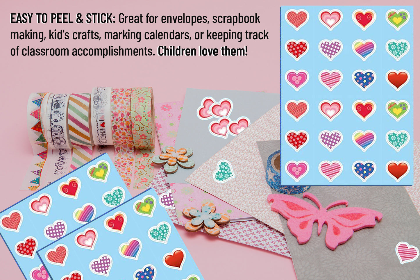 K-Kraft Heart Stickers for Kids and Classrooms - 12 Different Designs, 4 sheets