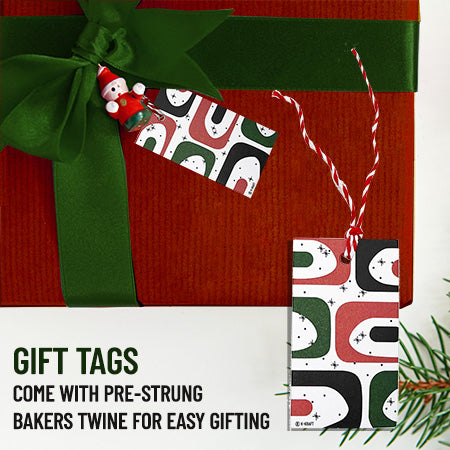 30 K-Kraft Red, Black and Green Gift Tags for Xmas Gift Wrapping and Labeling (Mid-Century Modern Abstract Xmas with Red String)