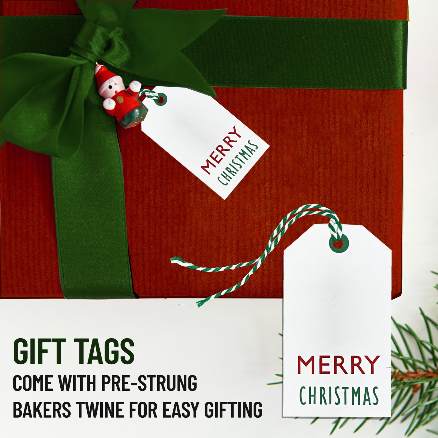 25 K-Kraft Xmas Tags for Gift Wrapping and Labeling with Green Bakers Twine Pre-Strung