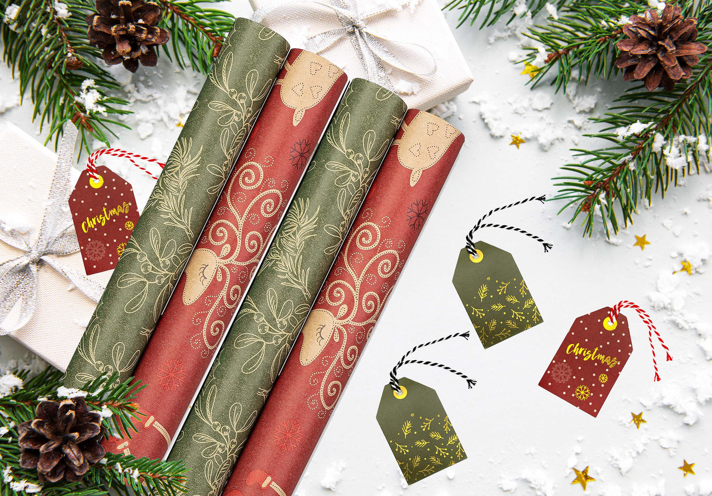 Mistletoe-Reindeer-SodaShoppe Wrapping Paper Set with 3 Rolls and Matching Gift Tags