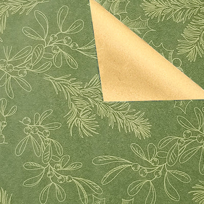 Green Mistletoe Christmas Gift Wrap on Brown Kraft Paper