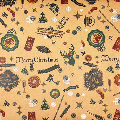 Christmas Emblems on Brown Kraft 1 roll 30 Inches by 10 feet