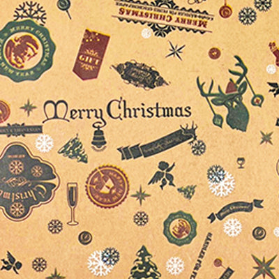 Christmas Emblems on Brown Kraft 1 roll 30 Inches by 10 feet