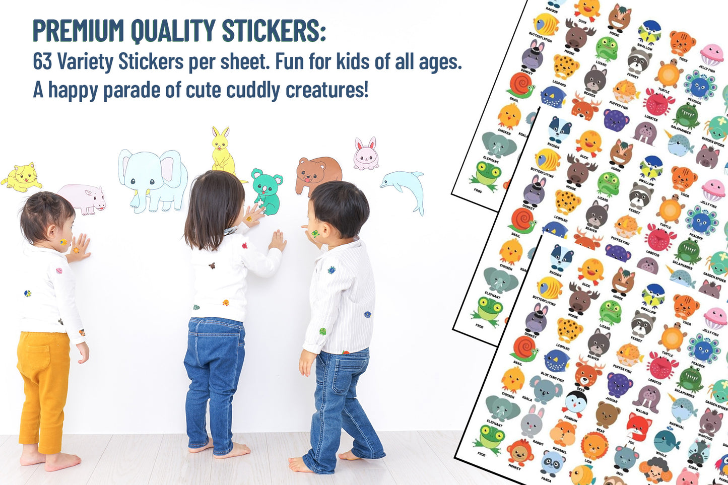 Stickers of Baby Animals for Toddlers, Kids, Adults - 63 different animals x 4 sheets