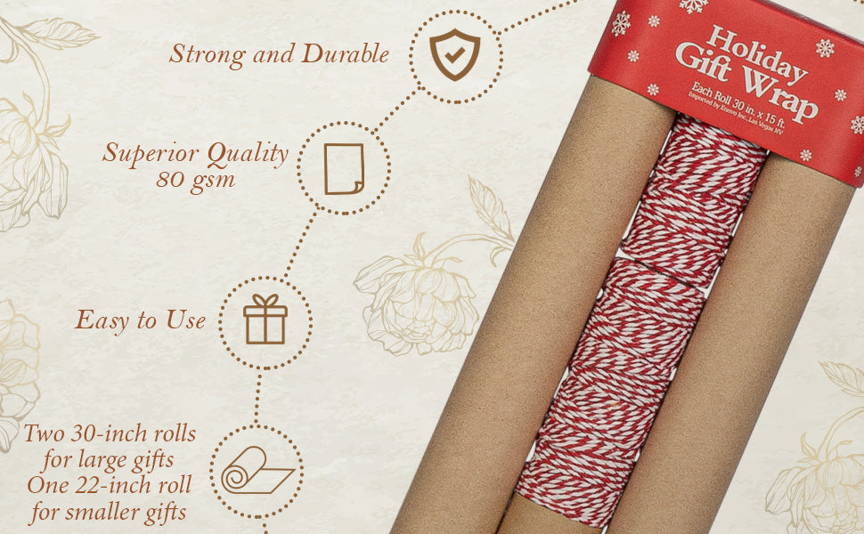 Classic Kraft Wrap 3 Rolls + Red Bakers Twine