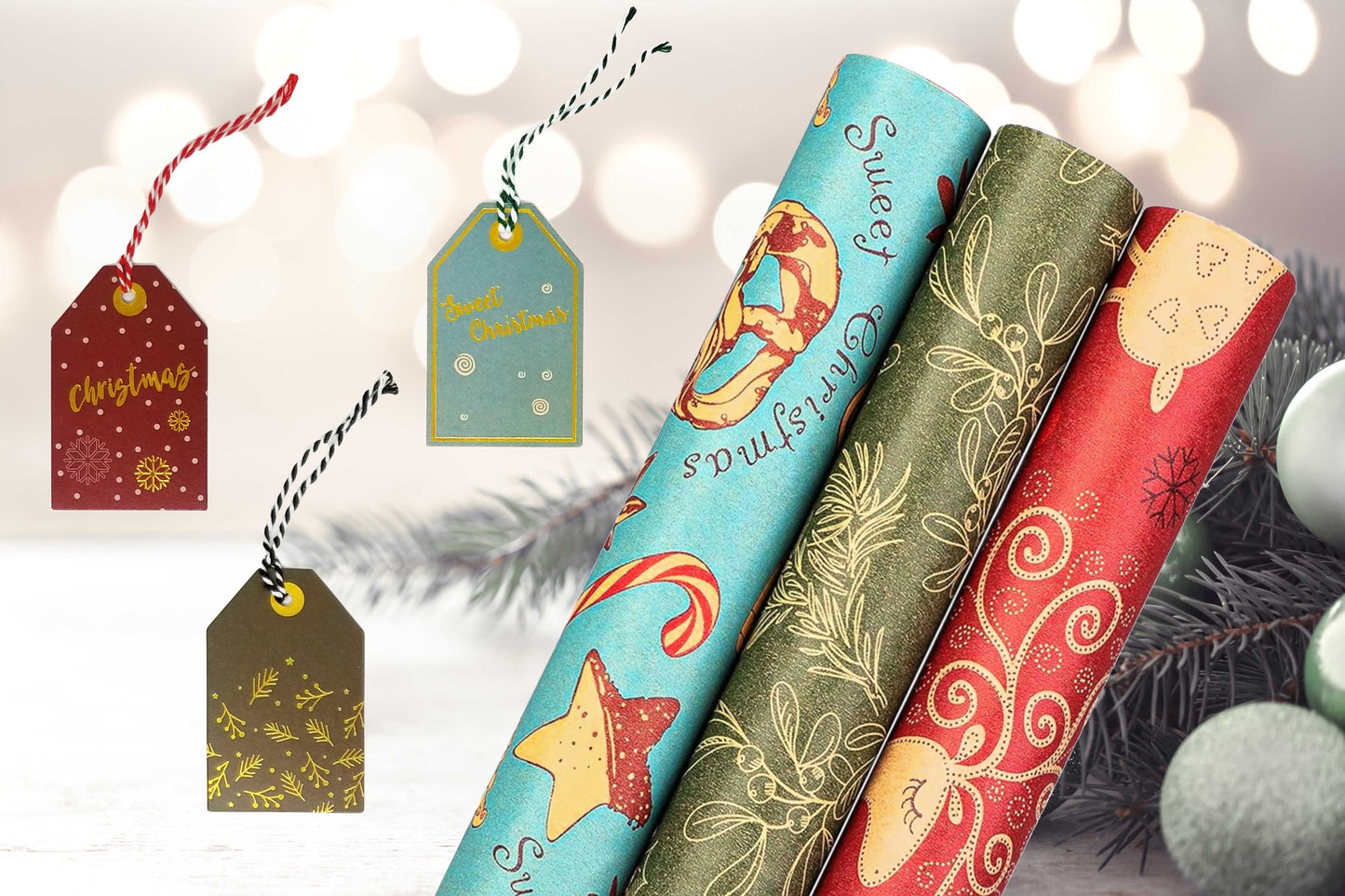 Mistletoe-Reindeer-SodaShoppe Wrapping Paper Set with 3 Rolls and Matching Gift Tags